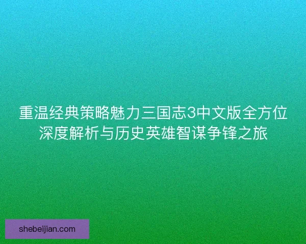 重温经典策略魅力三国志3中文版全方位深度解析与历史英雄智谋争锋之旅